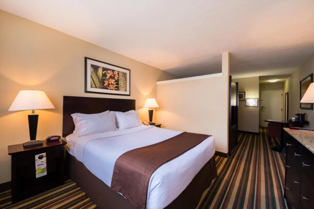 Habitación con una cama y una división de media pared en Holiday Inn & Suites Orlando SW
