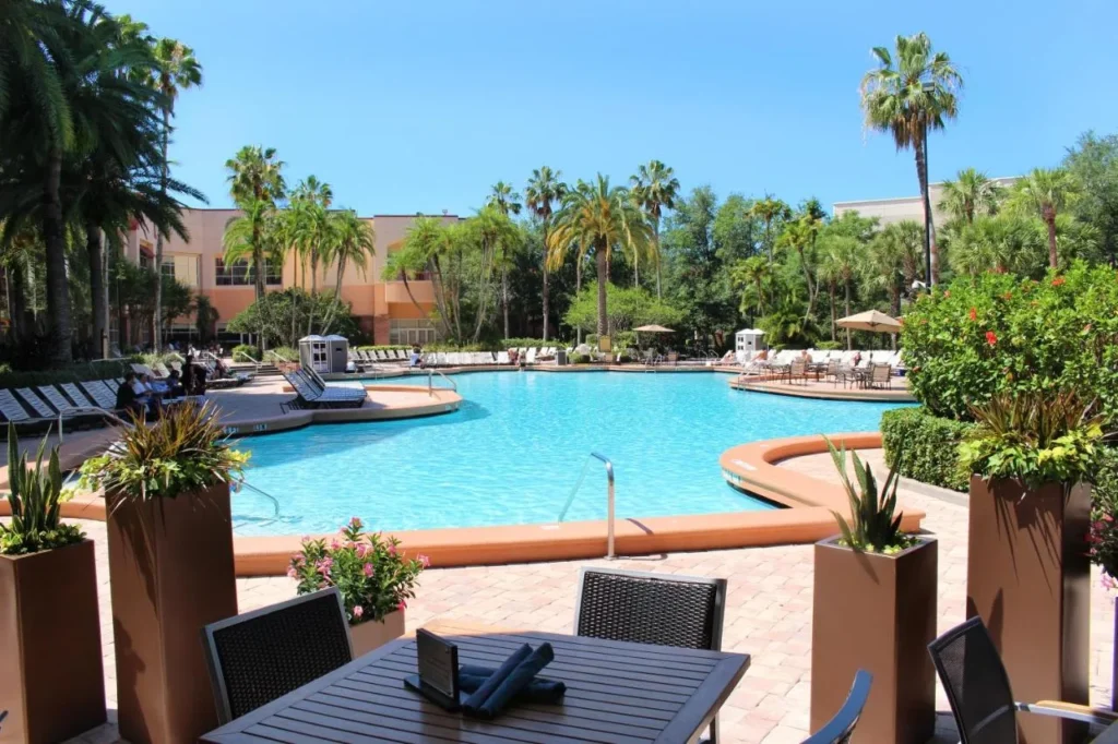 Rosen Centre Hotel cubierta de la piscina de día con palmeras, tumbonas y mesas de comedor junto a la piscina
