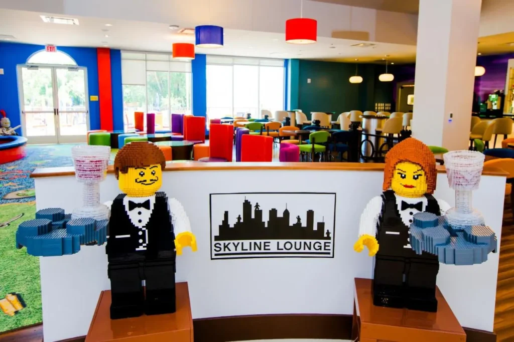 Skyline Lounge entrance with LEGO minifigure waiter models at the LEGOLAND Hotel