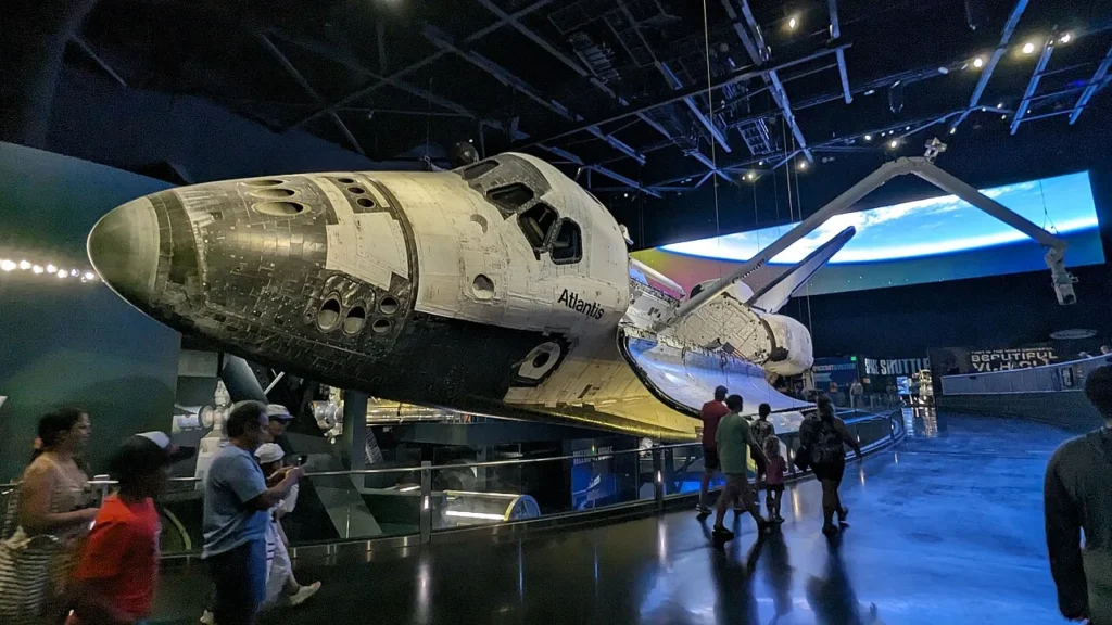 Space Shuttle Atlantis displayed with its cargo bay open inside the Kennedy Space Center Visitor Complex