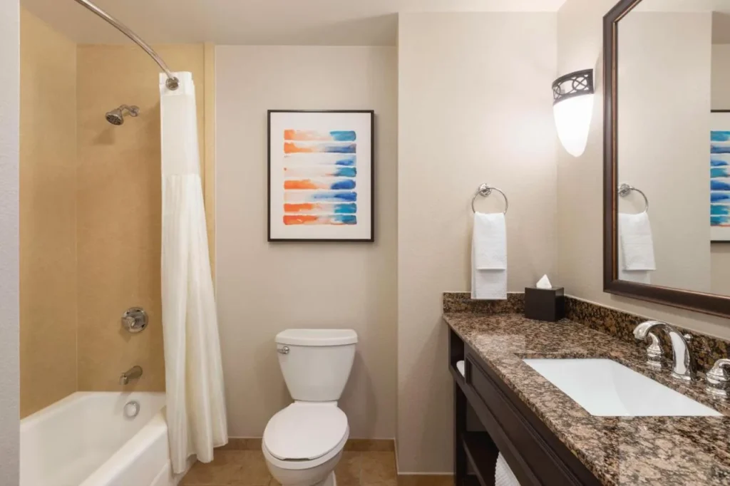 Cuarto de ba&ntilde;o con ba&ntilde;era y tocador de granito en Embassy Suites Lake Buena Vista South