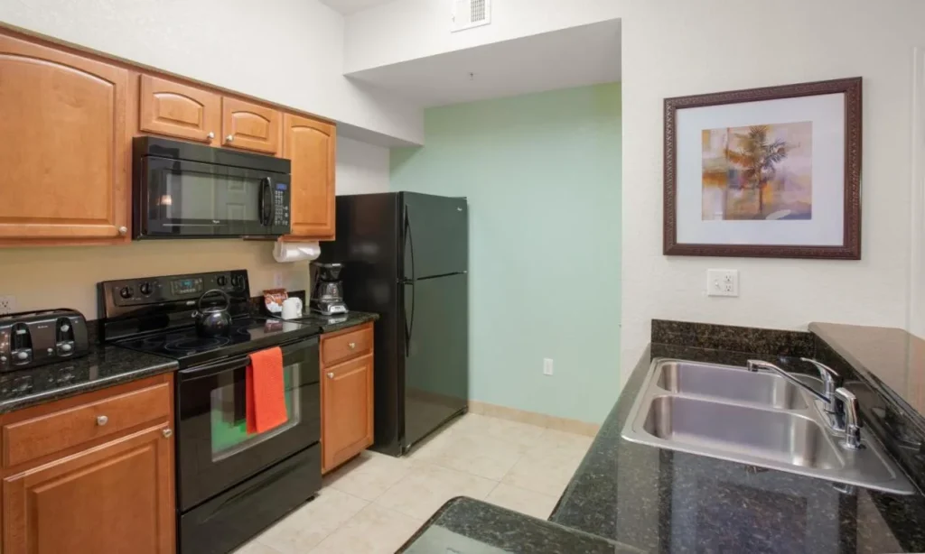 Cocina con estufa, microondas, refrigerador y doble fregadero en Lake Buena Vista Resort Village & Spa