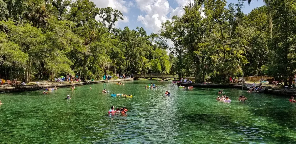 Swimmers and floats in the clear green spring at Wekiwa Springs State Park in summer