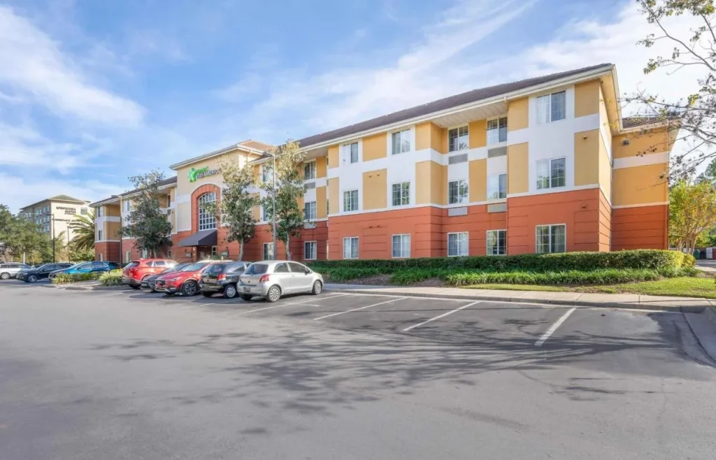 Three-story building and surface parking lot at Extended Stay America Suites Orlando Lake Buena Vista