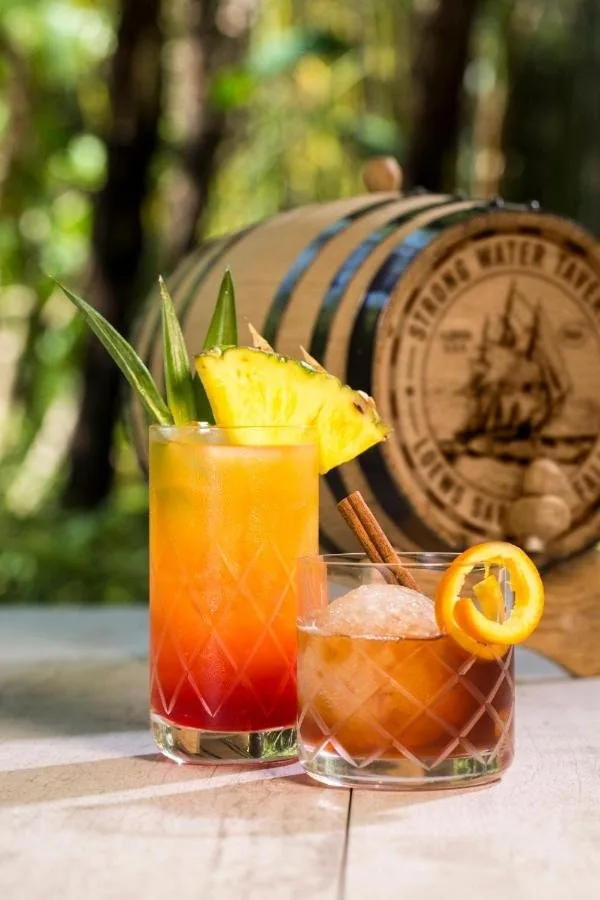 Dos c&oacute;cteles tropicales junto a un fuerte barril de la taberna de agua en Loews Sapphire Falls Resort