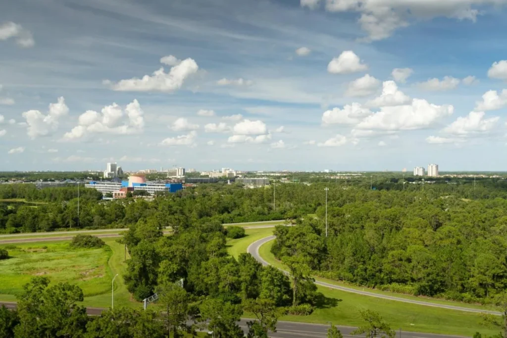 View over woodland and highways from an upper floor of JW Marriott Orlando Bonnet Creek