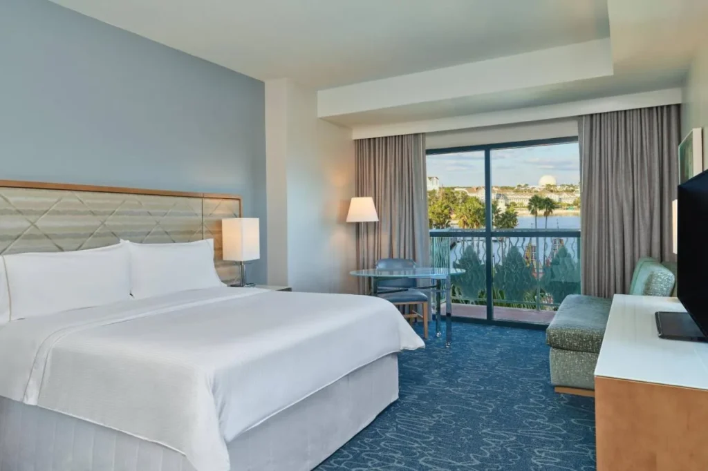 Walt Disney World Dolphin king room with a balcony looking across the lake toward EPCOT
