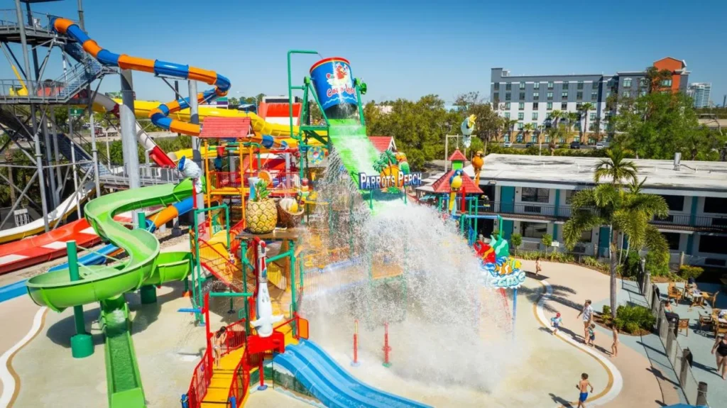 Water park slides and splash structure beside the wings of CoCo Key Hotel and Water Resort