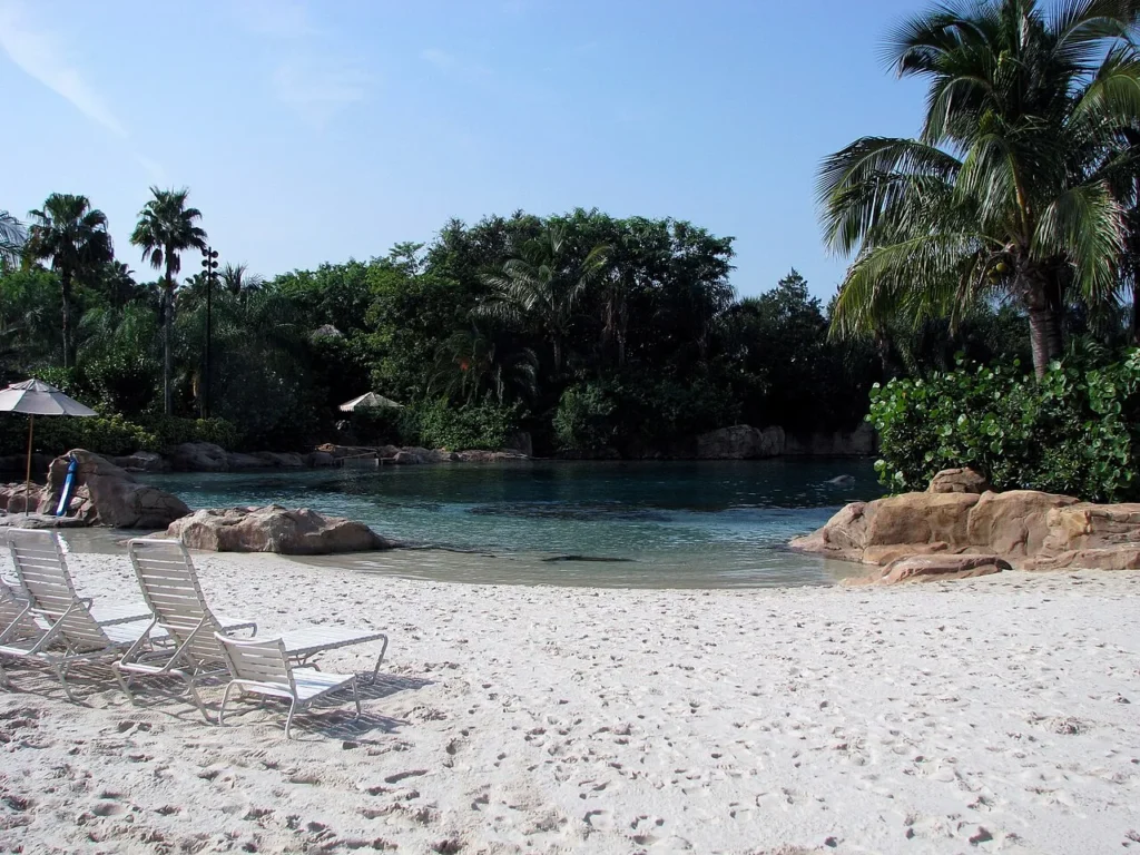 White sand beach with lounge chairs beside a calm palm-fringed lagoon at Discovery Cove, Orlando