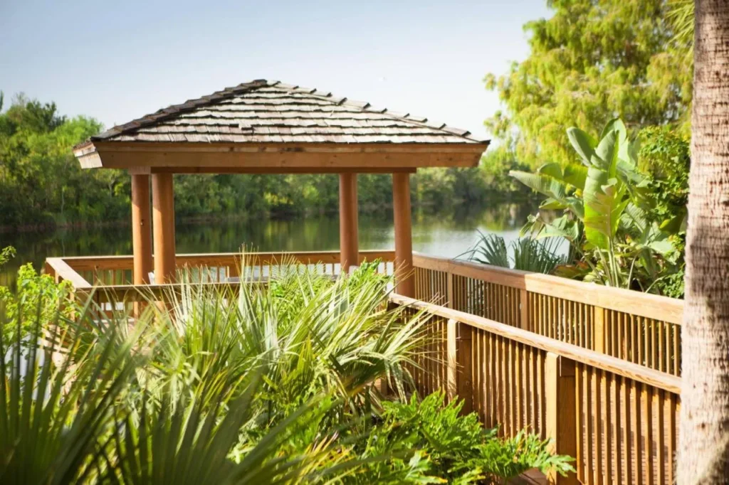 Mirador de madera en un paseo mar&iacute;timo junto al lago entre palmeras en Marriott Orlando Airport Lakeside