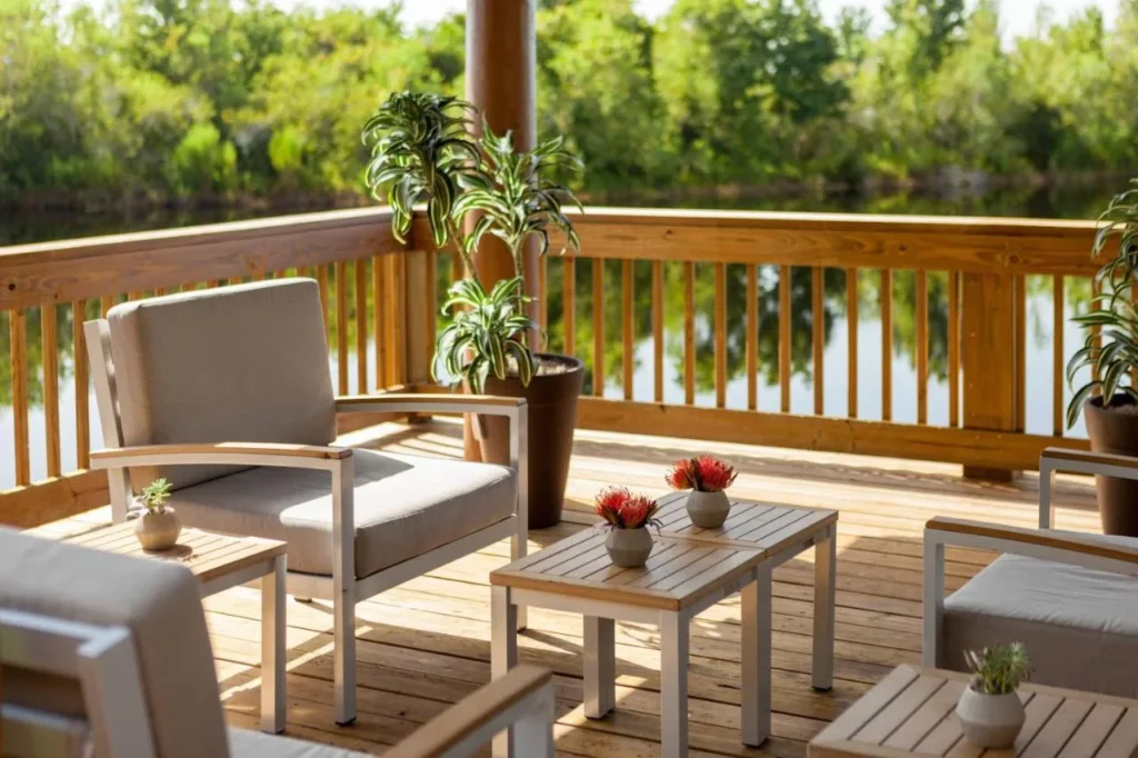 Cubierta de madera junto al lago con sillas acolchadas y mesas peque&ntilde;as en el Marriott Orlando Airport Lakeside